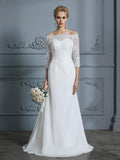 Vestidos de novia de gasa con corte trompeta/sirena, mangas 1/2, hombros descubiertos y cola larga