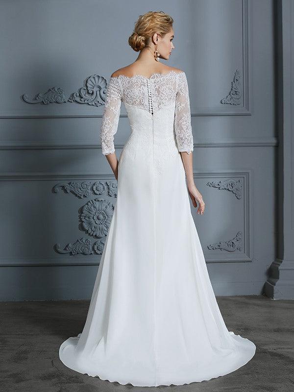 Vestidos de novia de gasa con corte trompeta/sirena, mangas 1/2, hombros descubiertos y cola larga