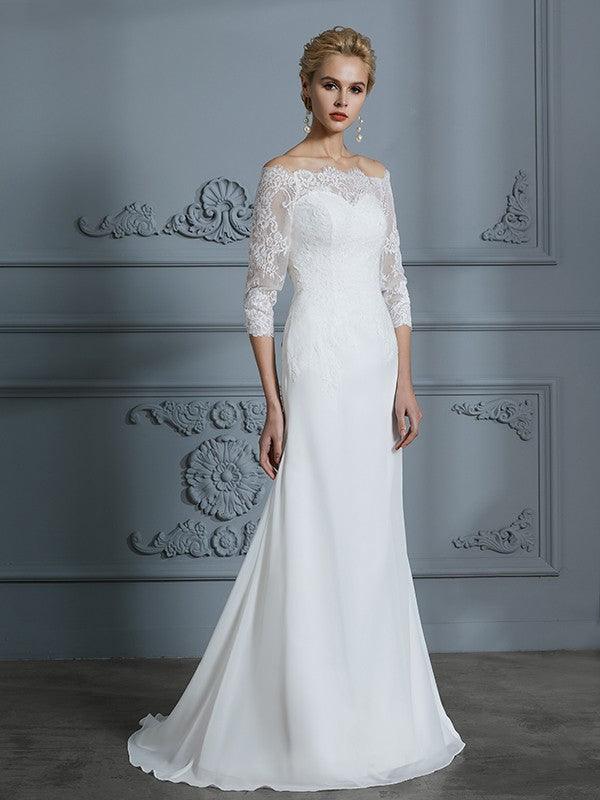 Vestidos de novia de gasa con corte trompeta/sirena, mangas 1/2, hombros descubiertos y cola larga