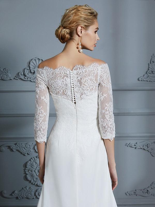 Vestidos de novia de gasa con corte trompeta/sirena, mangas 1/2, hombros descubiertos y cola larga