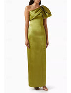Mermaid Wedding Guest Dress Satin Dress Formal Fall Ankle Length Sleeveless One Shoulder with Bow(s) Slit Evening Dresses