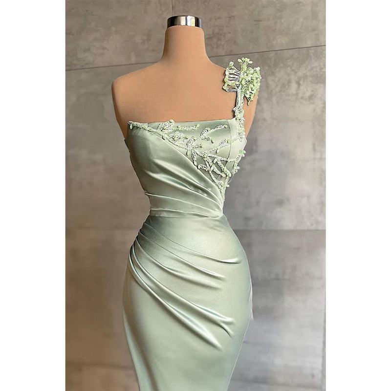 Unique Square Neckline Satin Beads Mermaid Long Prom Formal Dress