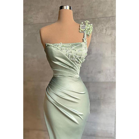 Unique Square Neckline Satin Beads Mermaid Long Prom Formal Dress