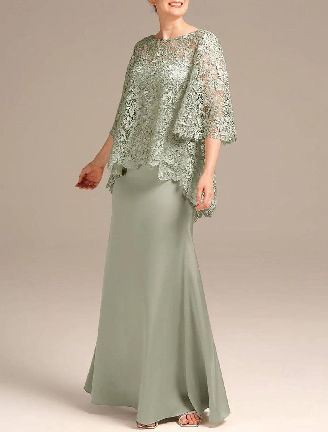 Elegantes Hochzeitsgastkleid mit Rundhalsausschnitt, bodenlange Satinspitze, halbe Ärmel mit Stickerei, Kleid für die Brautmutter