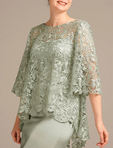 Elegantes Hochzeitsgastkleid mit Rundhalsausschnitt, bodenlange Satinspitze, halbe Ärmel mit Stickerei, Kleid für die Brautmutter