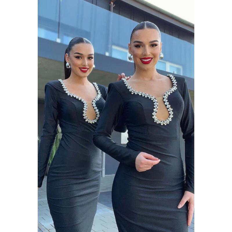 Elegante y lujoso vestido de noche de fiesta con escote en V, mangas largas y diamantes de imitación