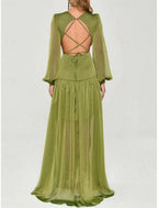 Gown Elegant Formal Fall Floor Length Long Sleeve V Neck Chiffon Back with Criss Cross Ruffles Evening Dress
