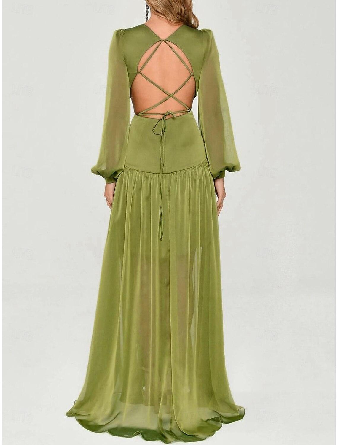Gown Elegant Formal Fall Floor Length Long Sleeve V Neck Chiffon Back with Criss Cross Ruffles Evening Dress