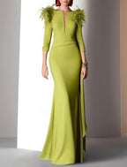 Gown Elegant Formal Fall Floor Length 3/4 Length Sleeve V Neck Satin with Feather Ruched Ruffles Evening Dress