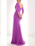 Gown Elegant Formal Fall Floor Length 3/4 Length Sleeve V Neck Chiffon with Ruched Ruffles Evening Dress