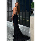Langes Ball-/Abendkleid mit V-Ausschnitt, Spaghettiträgern und Schlitz