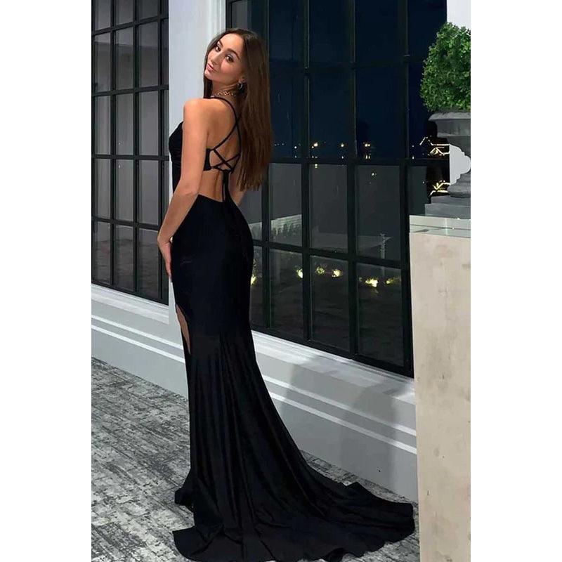 Langes Ball-/Abendkleid mit V-Ausschnitt, Spaghettiträgern und Schlitz