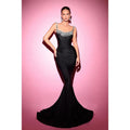 Vestido de noche largo de satén estilo sirena con tirantes finos y cuentas en negro 