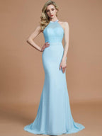 Vestidos de dama de honor de gasa con corte trompeta/sirena, sin mangas, escote redondo y cola larga