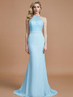 Vestidos de dama de honor de gasa con corte trompeta/sirena, sin mangas, escote redondo y cola larga