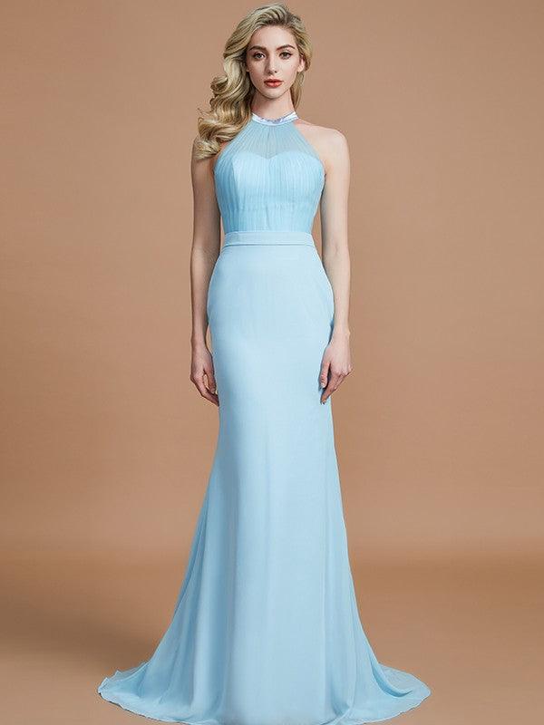 Vestidos de dama de honor de gasa con corte trompeta/sirena, sin mangas, escote redondo y cola larga