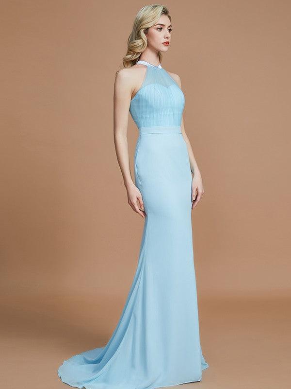 Vestidos de dama de honor de gasa con corte trompeta/sirena, sin mangas, escote redondo y cola larga