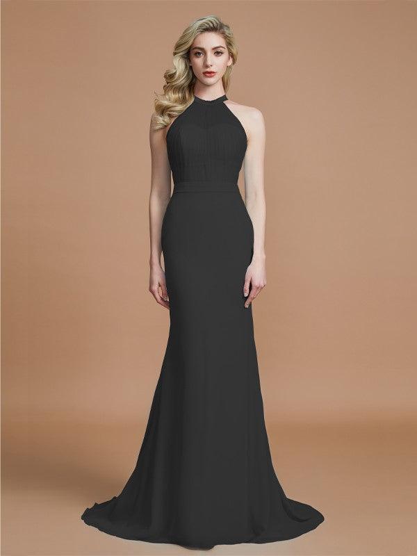 Vestidos de dama de honor de gasa con corte trompeta/sirena, sin mangas, escote redondo y cola larga