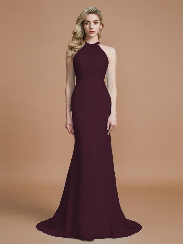 Vestidos de dama de honor de gasa con corte trompeta/sirena, sin mangas, escote redondo y cola larga