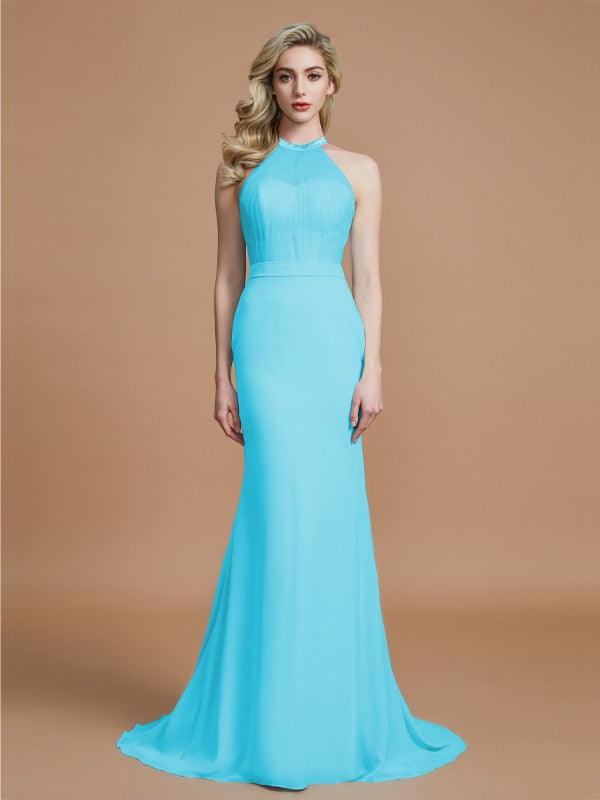 Vestidos de dama de honor de gasa con corte trompeta/sirena, sin mangas, escote redondo y cola larga