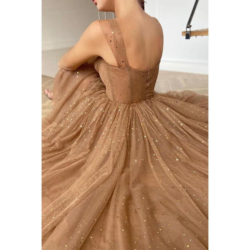 Vestido de fiesta de tul con escote en forma de corazón, tirantes finos y bolsillos 