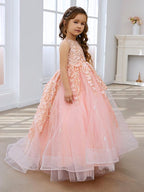 Vestido de princesa rosa para niña con apliques de encaje 