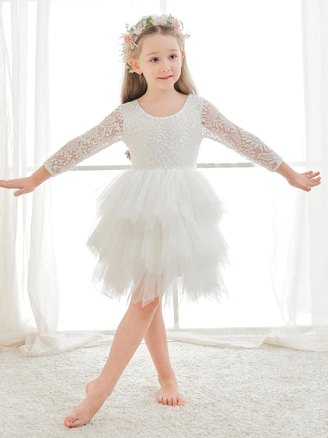 Vestido blanco de tul con encaje hasta la rodilla (2003227580) 