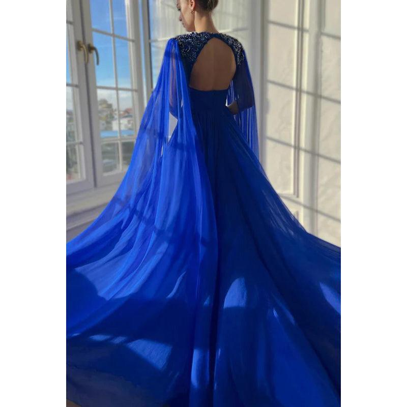 Elegantes und luxuriöses V-Ausschnitt A-Linien-Ballkleid mit gerafftem Seitenschlitz und bestickter