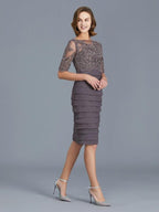 Sheath/Column Scoop Ruffles Chiffon 1/2 Sleeves Knee-Length Mother of the Bride Dresses