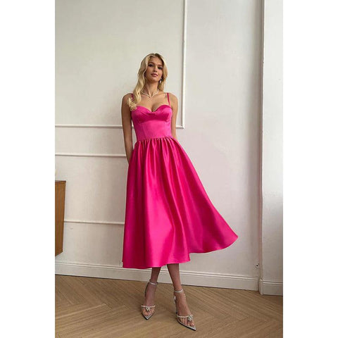 Simple Sweetheart Sleeveless Ruched Satin A-Line Midi Evening Party Dress