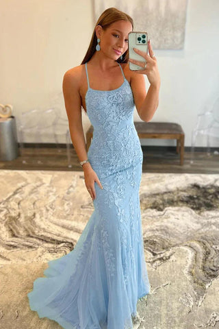 Robe de bal sirène à bretelles spaghetti en dentelle