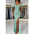 Sheath/column Off Shoulder Sequins Fethers Long Prom Formal Dress with Slit