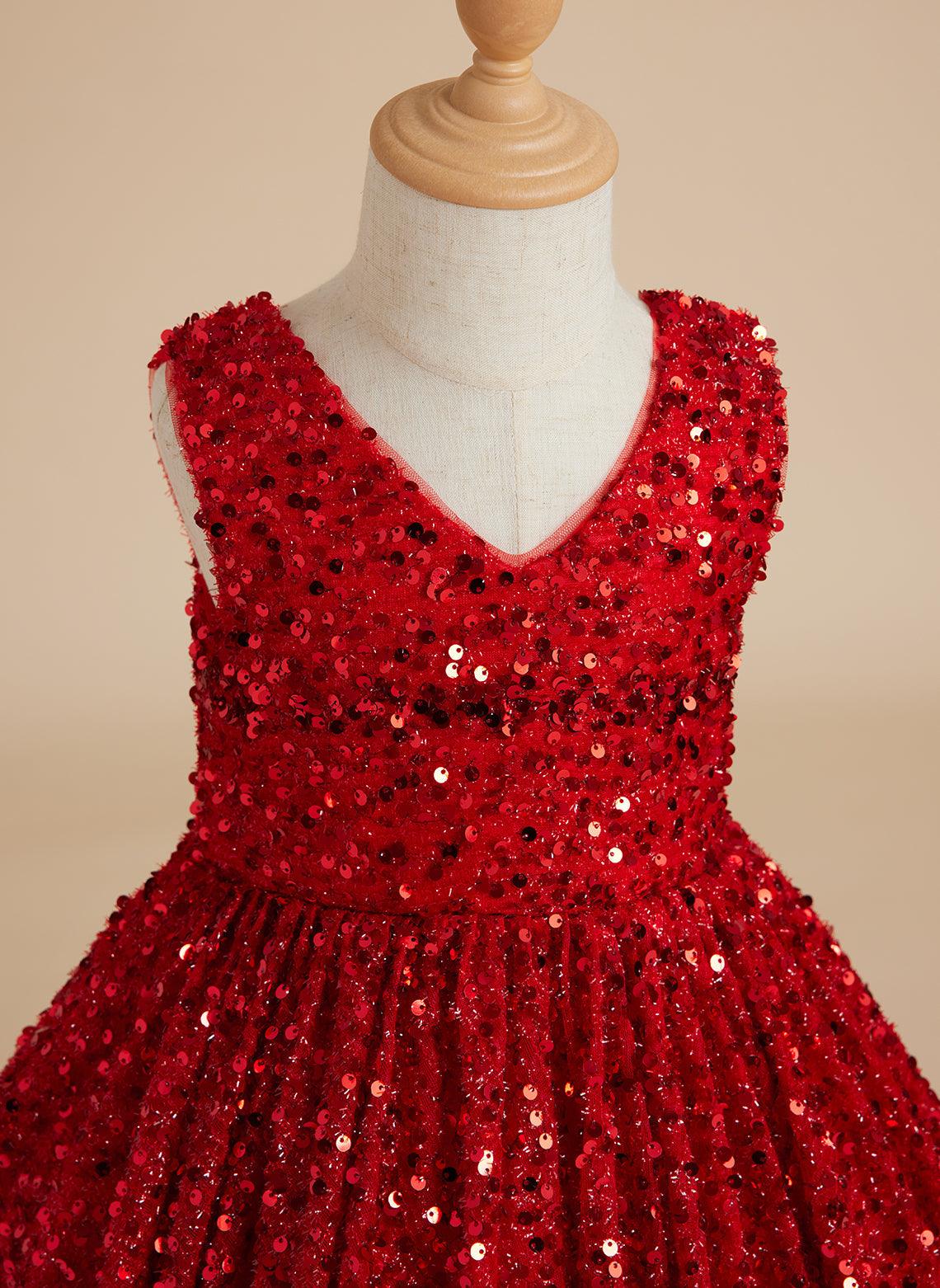 Deslumbrante vestido de princesa con lentejuelas rojas, escote en V y cola de corte para niñas 