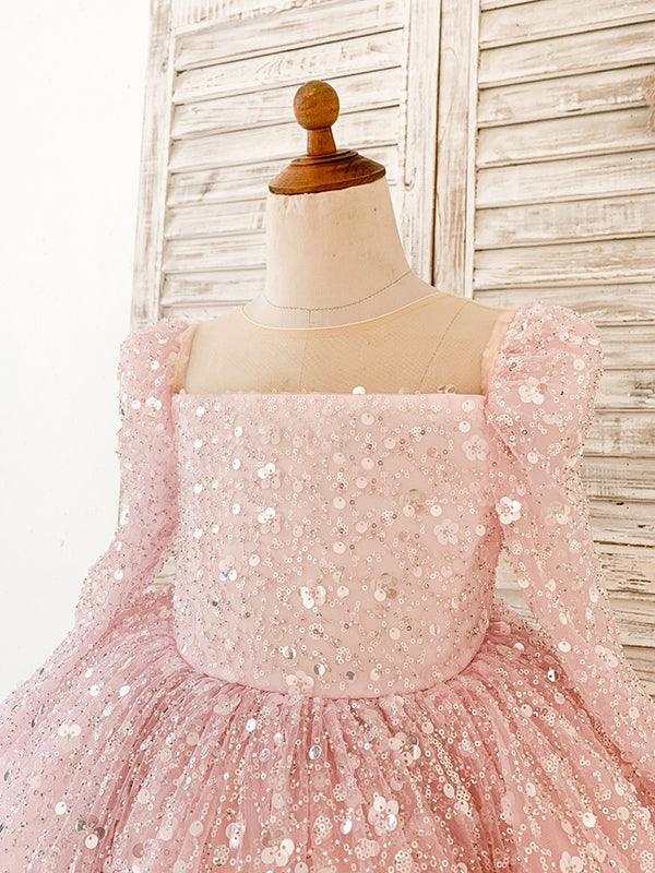 Vestido de princesa de tul con lentejuelas rosas para niñas, mangas largas y lazo extragrande. 