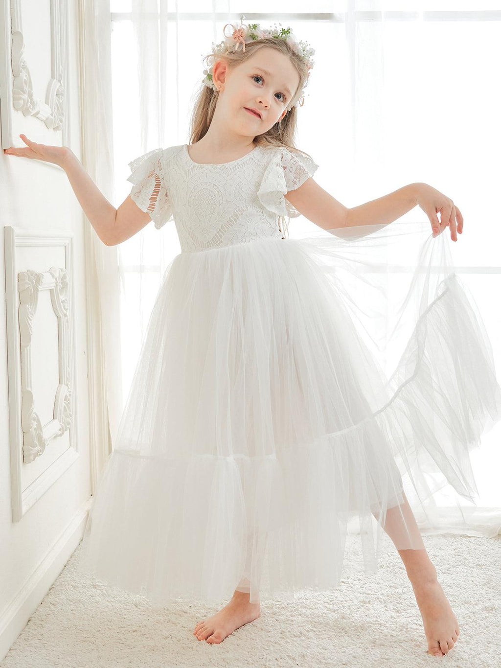 Knöchellanges weißes Kleid aus Spitzentüll (2003227579) 