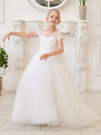 Vestido de princesa para primera comunión de niña de las flores, color marfil, con cola desmontable 
