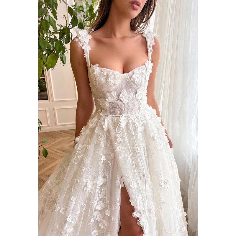 Vestido de noche largo de fiesta con escote cuadrado, apliques de encaje y tul, corte A y abertura 