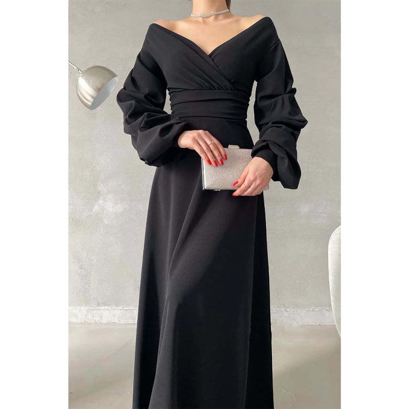 Vestido de fiesta largo sencillo con escote en V, hombros descubiertos y mangas abullonadas 