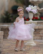 Elegante vestido rosa hasta la rodilla para niña de las flores con apliques florales 