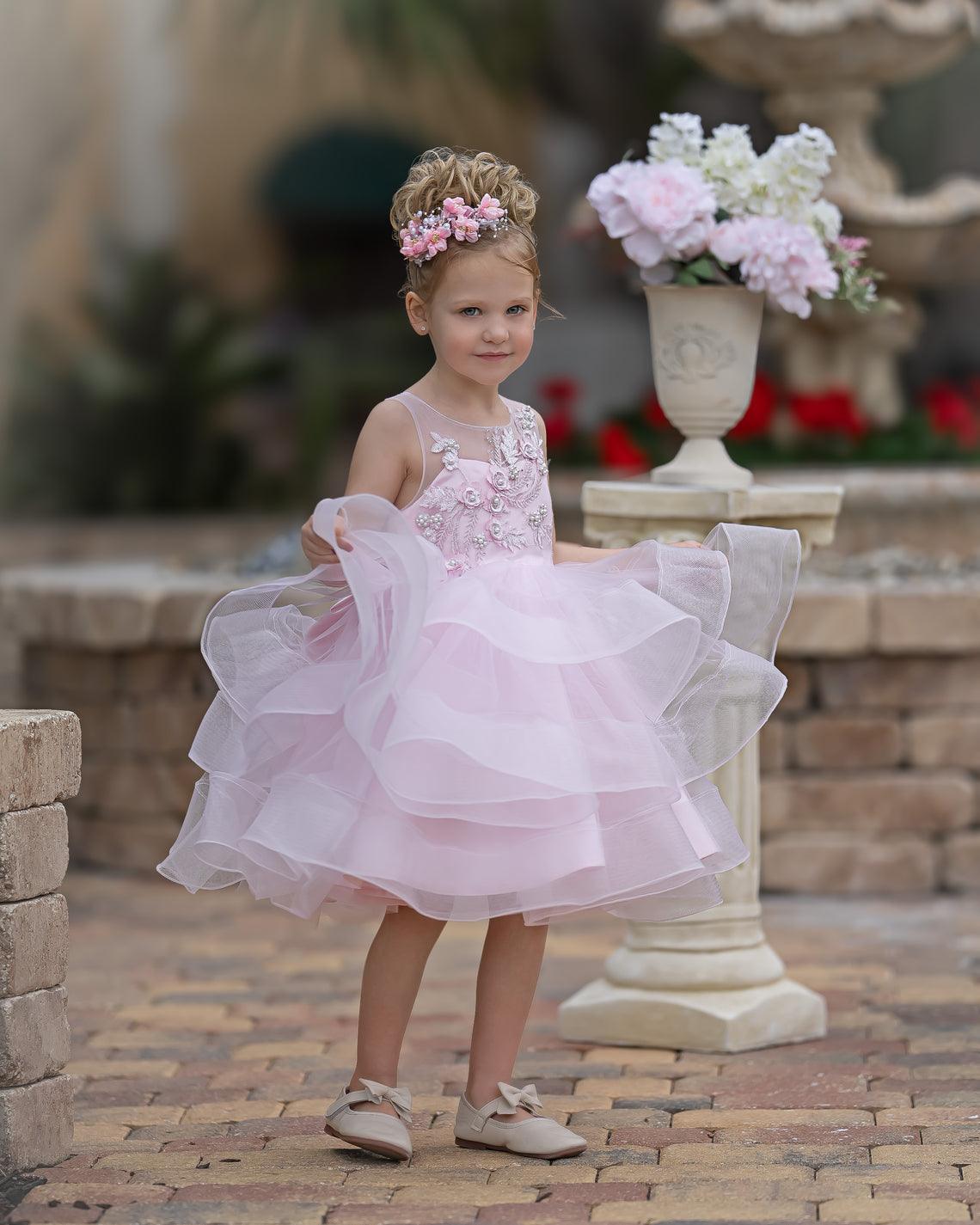 Elegante vestido rosa hasta la rodilla para niña de las flores con apliques florales 