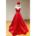 Rotes, schlichtes Ballkleid aus Satin mit V-Ausschnitt, Spaghettiträgern und Taschen 