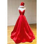 Rotes, schlichtes Ballkleid aus Satin mit V-Ausschnitt, Spaghettiträgern und Taschen 