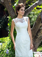 Vestidos de novia princesa cuello transparente apliques sin mangas corto satén
