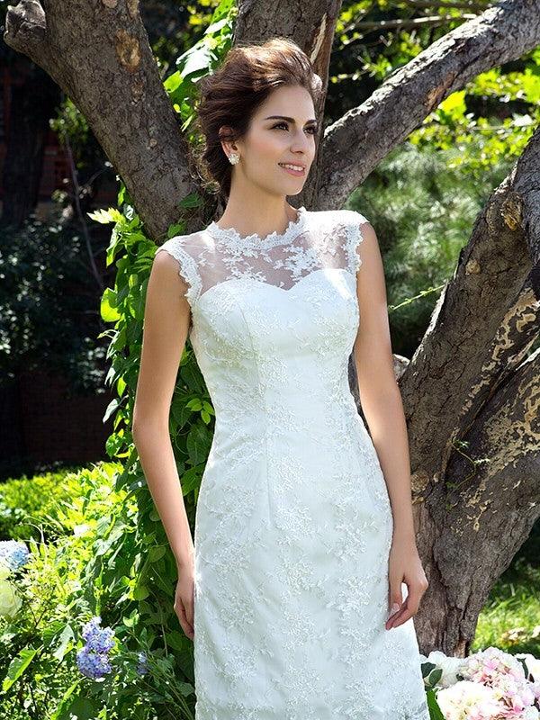Vestidos de novia princesa cuello transparente apliques sin mangas corto satén