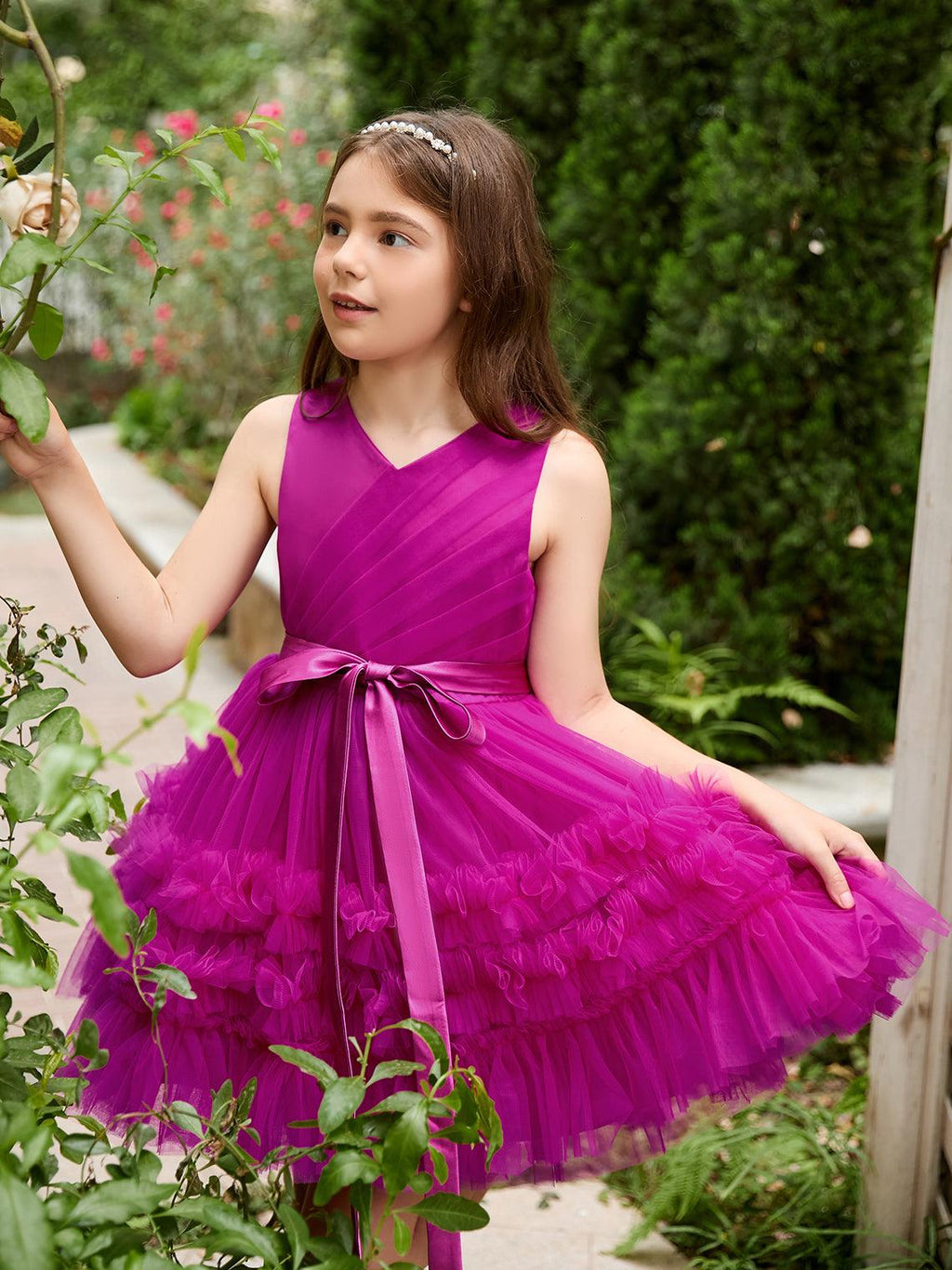 Vestido de niña de flores de tul fucsia sin mangas con volantes (010225236) 