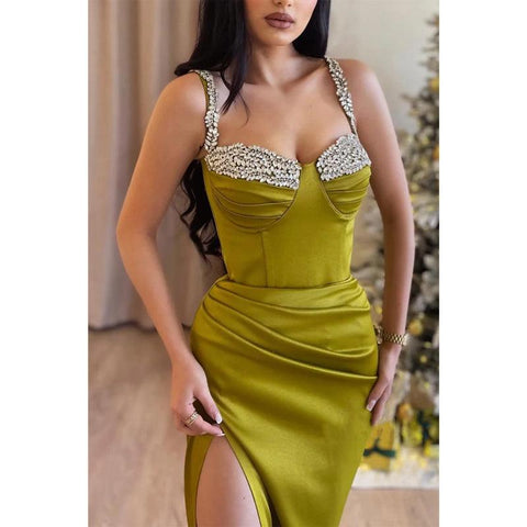 Sweetheart Spaghetti Straps Beaded Pleats with Side Slit Party Prom Evening Dress