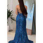 Vestido de fiesta de graduación con tirantes finos y abertura lateral, estilo barco brillante 