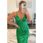 Vestido de fiesta largo con escote en V pronunciado y lentejuelas verdes con purpurina 