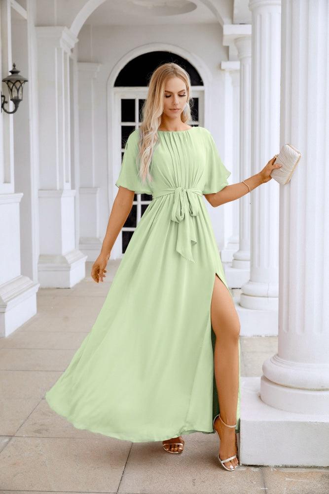 Ladies Chiffon Sleeve Crew Neck Front Slit Floor Length Bridesmaid Evening Dress Wedding Party Evening Dress 28124-numbersea