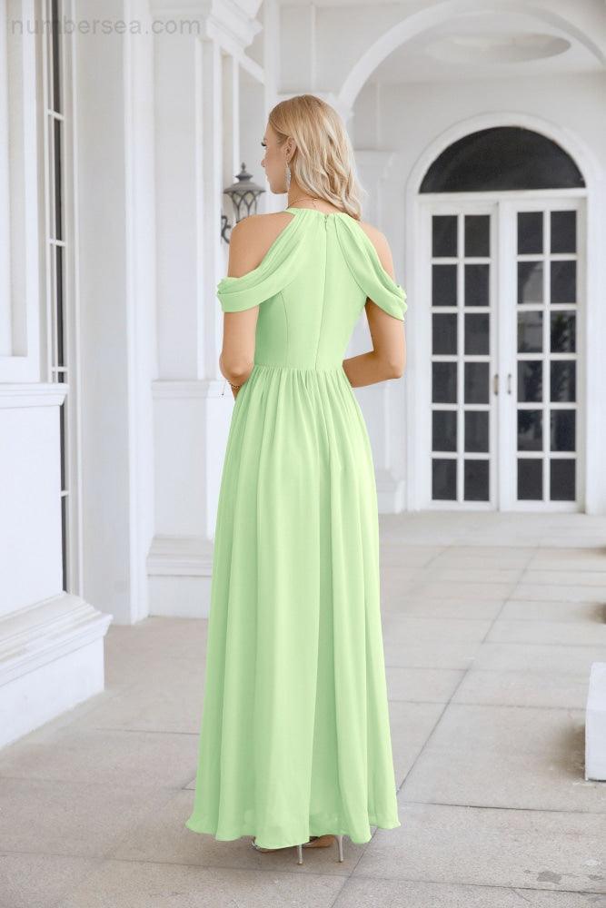 Ladies Chiffon Off Shoulder Swing Sleeve Front Slit Bridesmaid Evening Dress Wedding Party Evening Dress 28117-numbersea